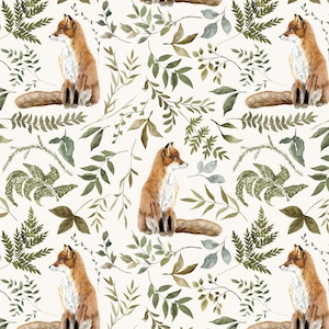 May include: A repeating pattern featuring watercolor foxes and foliage. The foxes are depicted with orange fur and white chests, sitting among green and brown leaves and ferns on a cream background. The design has a natural, woodland theme.