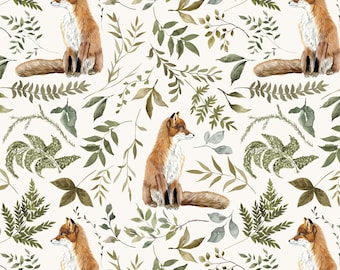 Woodland Fox Fabric by the Yard. Quilting Cotton, Organic Knit, Jersey, Minky, Canvas. Forest Animals and Leaves, Woods, Fall