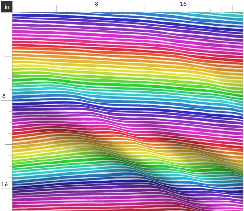 May include: A colourful rainbow striped fabric with a wavy pattern. The fabric is made up of alternating stripes of red, orange, yellow, green, blue, indigo, and violet.