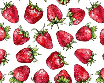 Strawberry Fabric by the Yard. Watercolor Strawberries, Fruit, Summer - Cotton, Sateen, Poplin, Minky, Organic Knit, Home Decor, Upholstery
