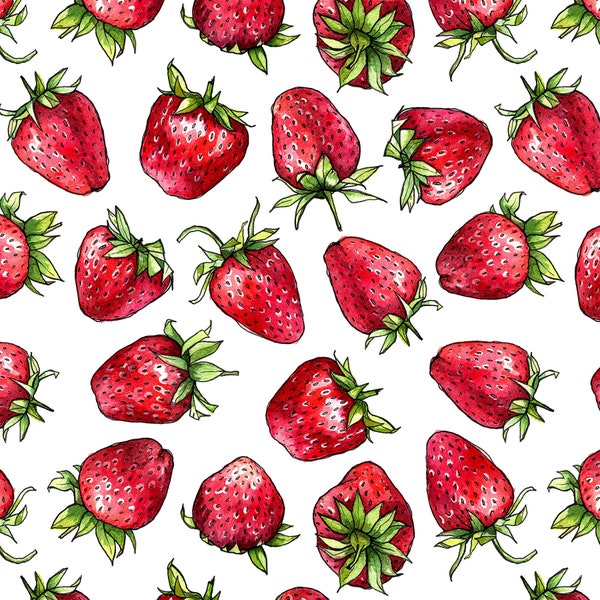 Strawberry Fabric by the Yard. Watercolor Strawberries, Fruit, Summer - Cotton, Sateen, Poplin, Minky, Organic Knit, Home Decor, Upholstery