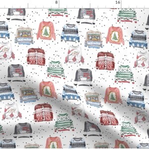 May include: A repeating pattern of watercolor Christmas sweaters on a white background with black polka dots. The sweaters feature various designs, including Santa Claus, Christmas trees, and festive patterns. The sweaters are in shades of red, green, blue, and gray.