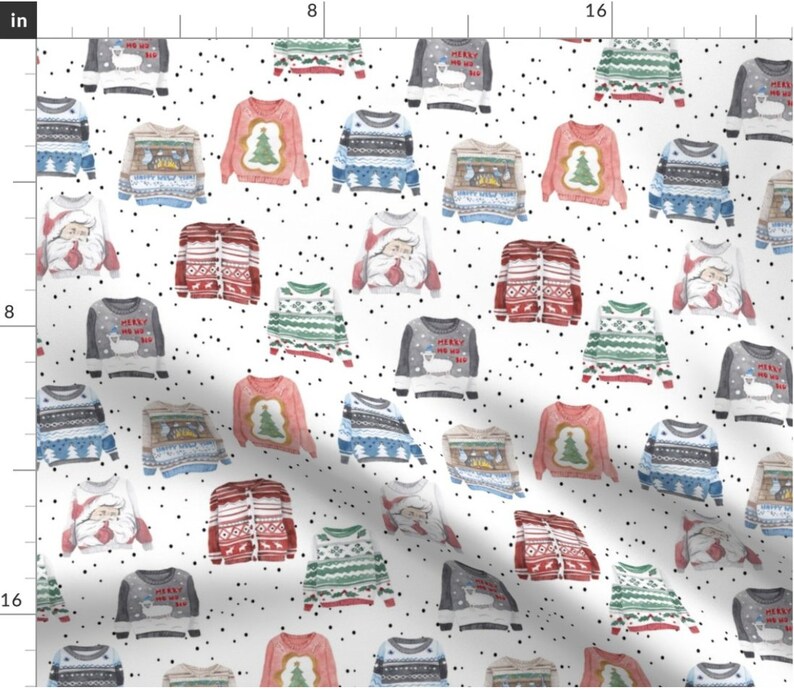 May include: A repeating pattern of watercolor Christmas sweaters on a white background with black polka dots. The sweaters feature various designs, including Santa Claus, Christmas trees, and festive patterns. The sweaters are in shades of red, green, blue, and gray.