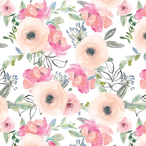 Peach and Floral Fabric by the Yard. Quilting Cotton, Sateen, Poplin, Minky, Home Decor, Upholstery Fabric. Watercolor Floral Nursery Girl