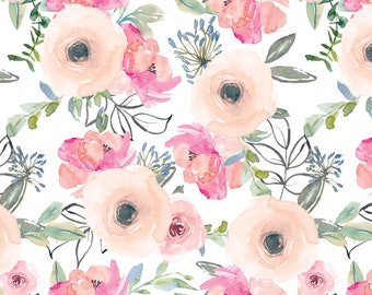 Peach and Floral Fabric by the Yard. Quilting Cotton, Sateen, Poplin, Minky, Home Decor, Upholstery Fabric. Watercolor Floral Nursery Girl