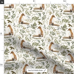 May include: A repeating pattern of watercolor foxes and foliage on a cream background. The foxes are depicted in shades of brown and white, with detailed fur. Green leaves and ferns fill the spaces between the foxes, creating a natural, woodland theme.