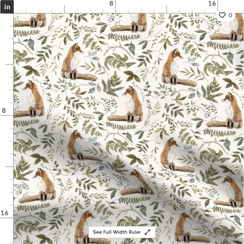 May include: A repeating pattern of watercolor foxes and foliage on a cream background. The foxes are depicted in shades of brown and white, with detailed fur. Green leaves and ferns fill the spaces between the foxes, creating a natural, woodland theme.