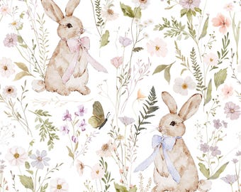 Bunny Bloom Fabric by the Yard. Quilting Cotton, Sateen, Organic Knit, Minky, Home Decor. Spring Woodland Rabbit and Florals, Easter