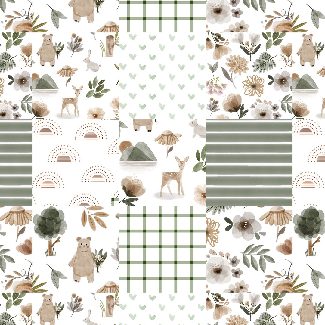 Woodland Floral Cheater Quilt Fabric cute Forest Animals, Girl Nursery
