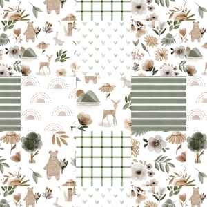 Woodland Floral Cheater Quilt Fabric -Cute Forest Animals, Girl Nursery - Quilting Cotton, Sateen, Poplin, Minky, Fleece Fabric by the Yard