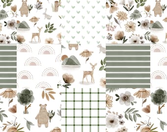 Woodland Floral Cheater Quilt Fabric -Cute Forest Animals, Girl Nursery - Quilting Cotton, Sateen, Poplin, Minky, Fleece Fabric by the Yard