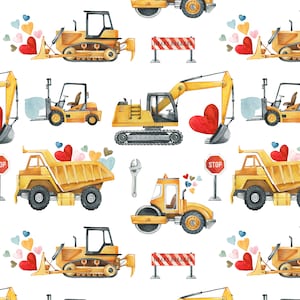 May include: A seamless pattern featuring watercolor illustrations of construction vehicles and hearts. The vehicles include a bulldozer, excavator, dump truck, and a road roller. The hearts are in various shades of pink, red, and blue.