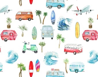Vintage Beach Fabric by the Yard. Surfboards, Beach, Summer Fabric, Camper Bus, Van, Ocean, Surfing Quilting Cotton, Knit, Jersey, Minky