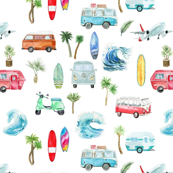 Vintage Beach Fabric by the Yard. Surfboards, Beach, Summer Fabric, Camper Bus, Van, Ocean, Surfing Quilting Cotton, Knit, Jersey, Minky
