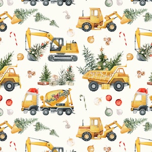 Christmas Construction Trucks Fabric - Excavator, Dump Truck, Cement Mixer, Christmas Boy Kids - Quilting Cotton, Knit, Minky Fleece Fabric