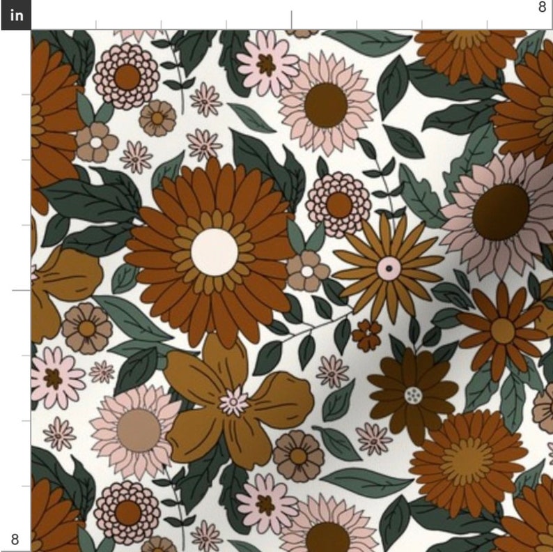 May include: A seamless pattern featuring a variety of stylized flowers in shades of brown, pink, and white on a white background. The flowers are arranged in a repeating pattern and include daisies, sunflowers, and other floral designs.
