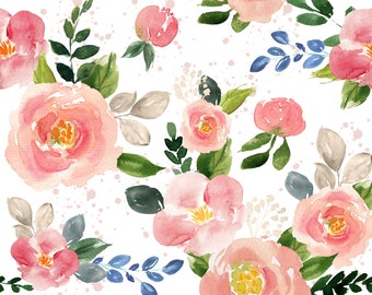 May include: Watercolor floral pattern featuring pink roses, buds, and leaves in shades of green, blue, and gray. The flowers are arranged on a white background with subtle pink speckles, creating a soft, artistic design.