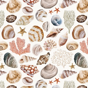 Sea Shells Fabric - Coastal Fabric, Ocean, Summer - Quilting Cotton, Poplin, Minky, Home Decor Upholstery Fabric by the Yard