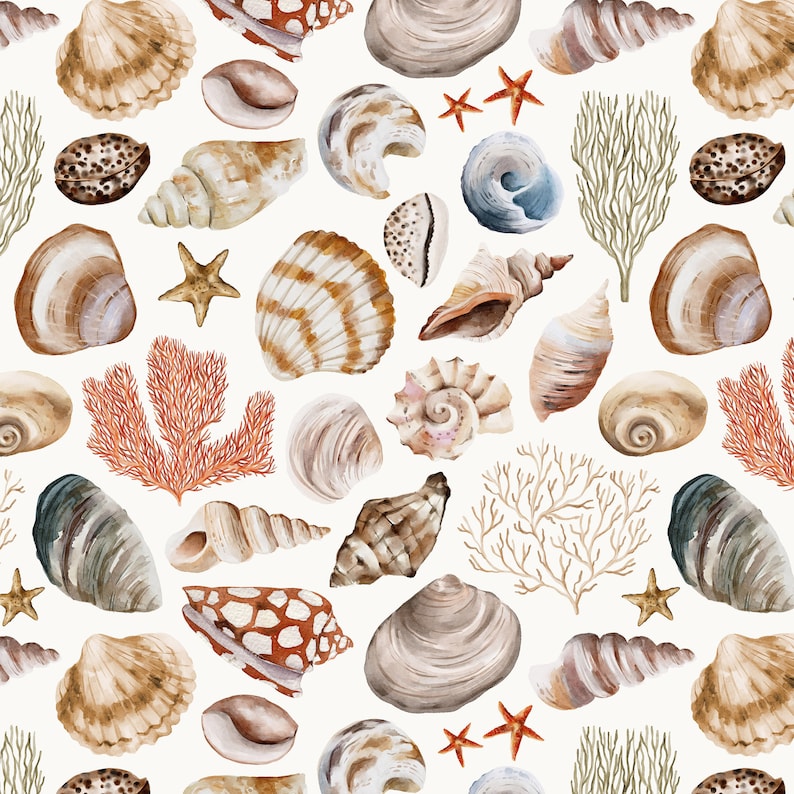May include: Watercolor illustration of various seashells, starfish, and coral in shades of brown, beige, and orange, arranged on a white background. The design features a variety of shell shapes and sizes, creating a seamless pattern suitable for coastal-themed projects.