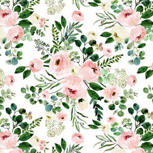Blush Floral Fabric - Eucalyptus Rose Florals, Nature Girl Nursery - Quilting Cotton, Poplin, Sateen, Minky, Upholstery Fabric by the Yard