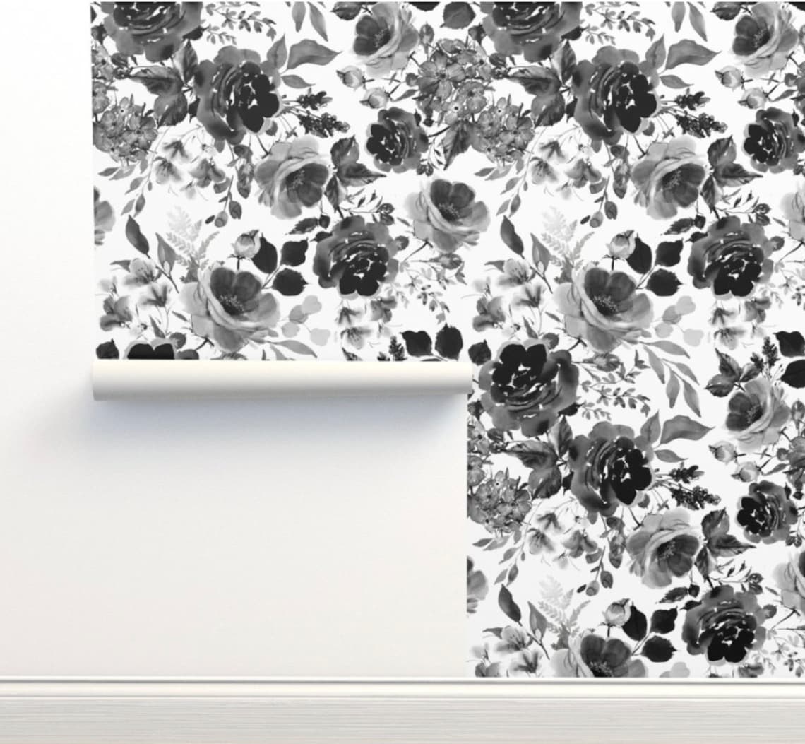 Black and White Floral Wallpaper Vintage Watercolor Florals - Etsy