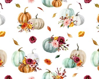 Pumpkin Cider Florals Fabric by the Yard. Pumpkins, Autumn, Fall Fabric, Mint, Burgundy, Home Decor. Quilt Cotton, Knit, Jersey or Minky