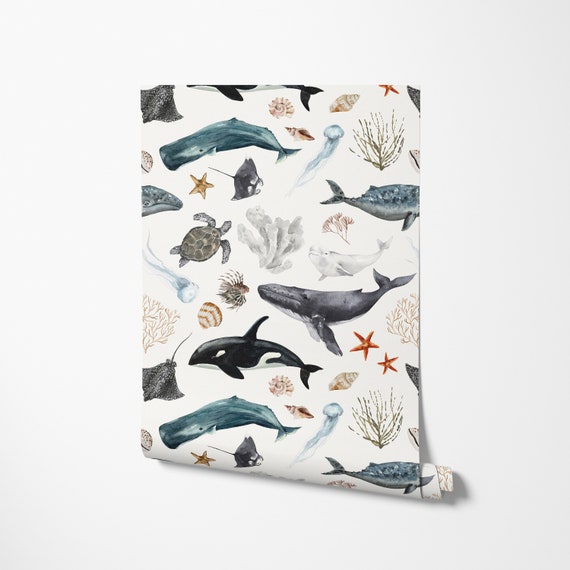 Nautical Wallpaper - Deep Blue Sea Ocean Animals Whales, Gender Neutral - Peel and Stick Removable and Prepasted Wallpaper