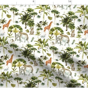 May include: White fabric with a repeating watercolor pattern of a jungle scene. The design features giraffes, elephants, monkeys, and leopards among palm trees and lush green foliage. The animals are in shades of brown, gray, and tan.