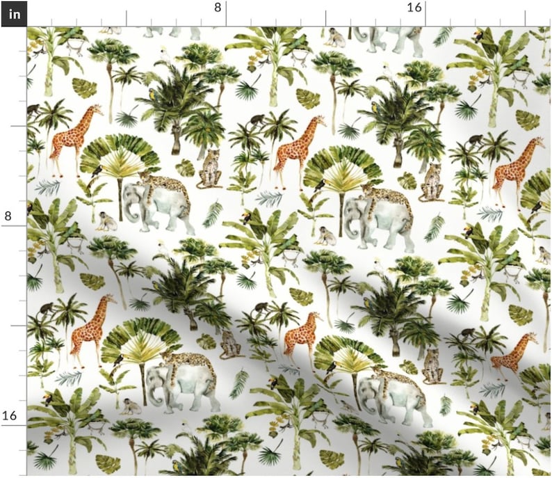 May include: White fabric with a repeating watercolor pattern of a jungle scene. The design features giraffes, elephants, monkeys, and leopards among palm trees and lush green foliage. The animals are in shades of brown, gray, and tan.