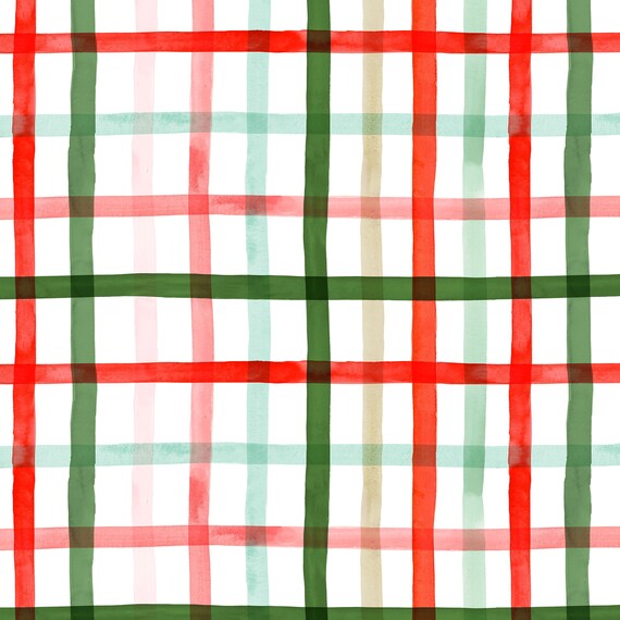 Christmas Plaid Fabric - Watercolor Red and Green Holiday Plaid, Blush, Sage, Xmas - Cotton, Knit, Minky, Home Decor Fabric by the Yard