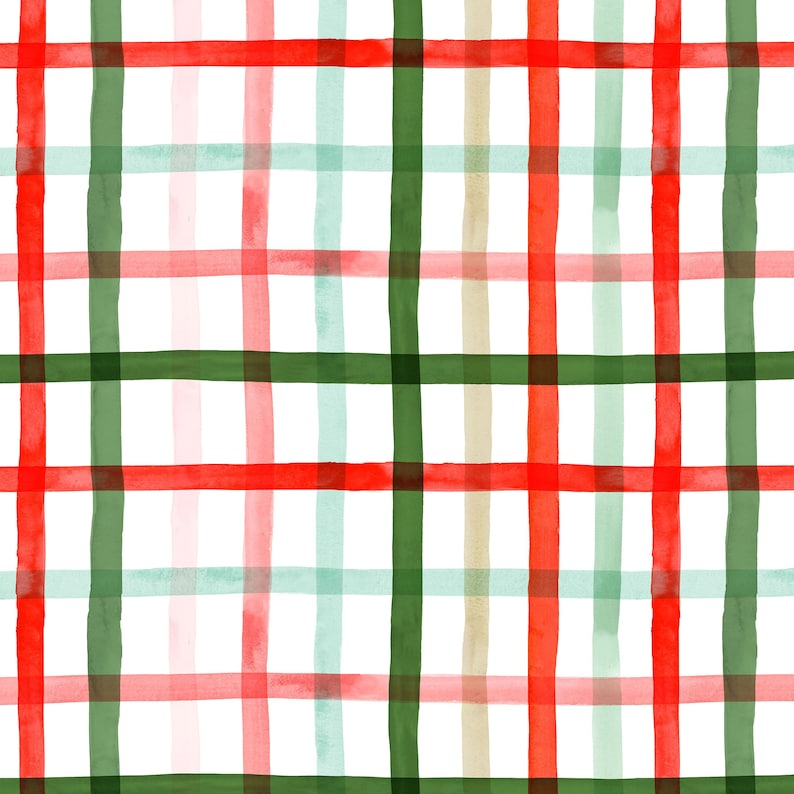 Puede incluir: Patr&oacute;n de cuadros de acuarela con rayas rojas, verdes, celeste y beige sobre fondo blanco. Las rayas var&iacute;an en ancho y tienen un aspecto pintado a mano. El dise&ntilde;o es una repetici&oacute;n sin costuras, adecuado para tela o papel.