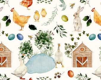 Spring Farm Friends Fabric by the Yard. Farm Fabric, Animals, Rabbits, Chickens, Duck, Quilting Cotton, Poplin, Minky, Fleece, Organic Knit