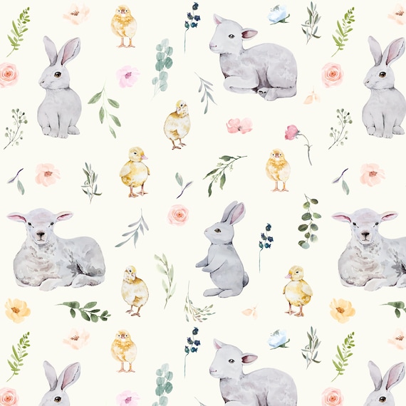 Easter Fabric by the Yard, Watercolor Bunnies, Rabbit, Lamb, Duck, Spring Pastel Floral - Quilting Cotton, Sateen, Poplin, Knit, Minky