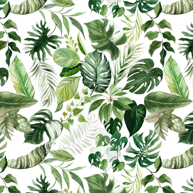 May include: A seamless pattern featuring watercolor illustrations of various green tropical leaves on a white background.