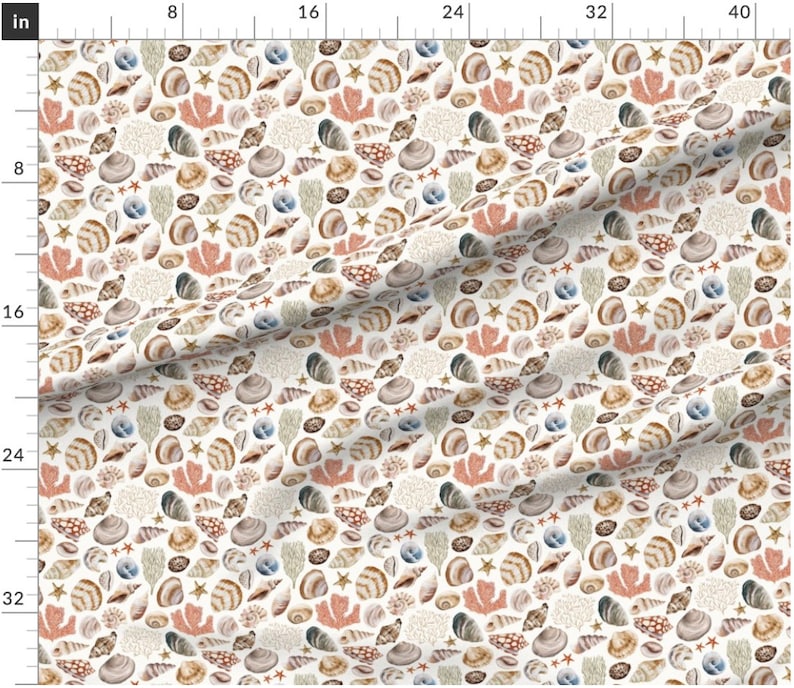 May include: A repeating pattern of various seashells, starfish, and coral in shades of beige, brown, and muted orange on a white background. The design features detailed illustrations of different shell types, creating a coastal or nautical theme.