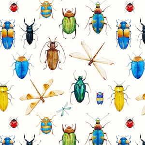 Bug and Insects Fabric by the Yard. Quilting Cotton, Organic Knit, Jersey or Minky. Boys, Bugs, Beetles, Dragonflies, Spring, Insect
