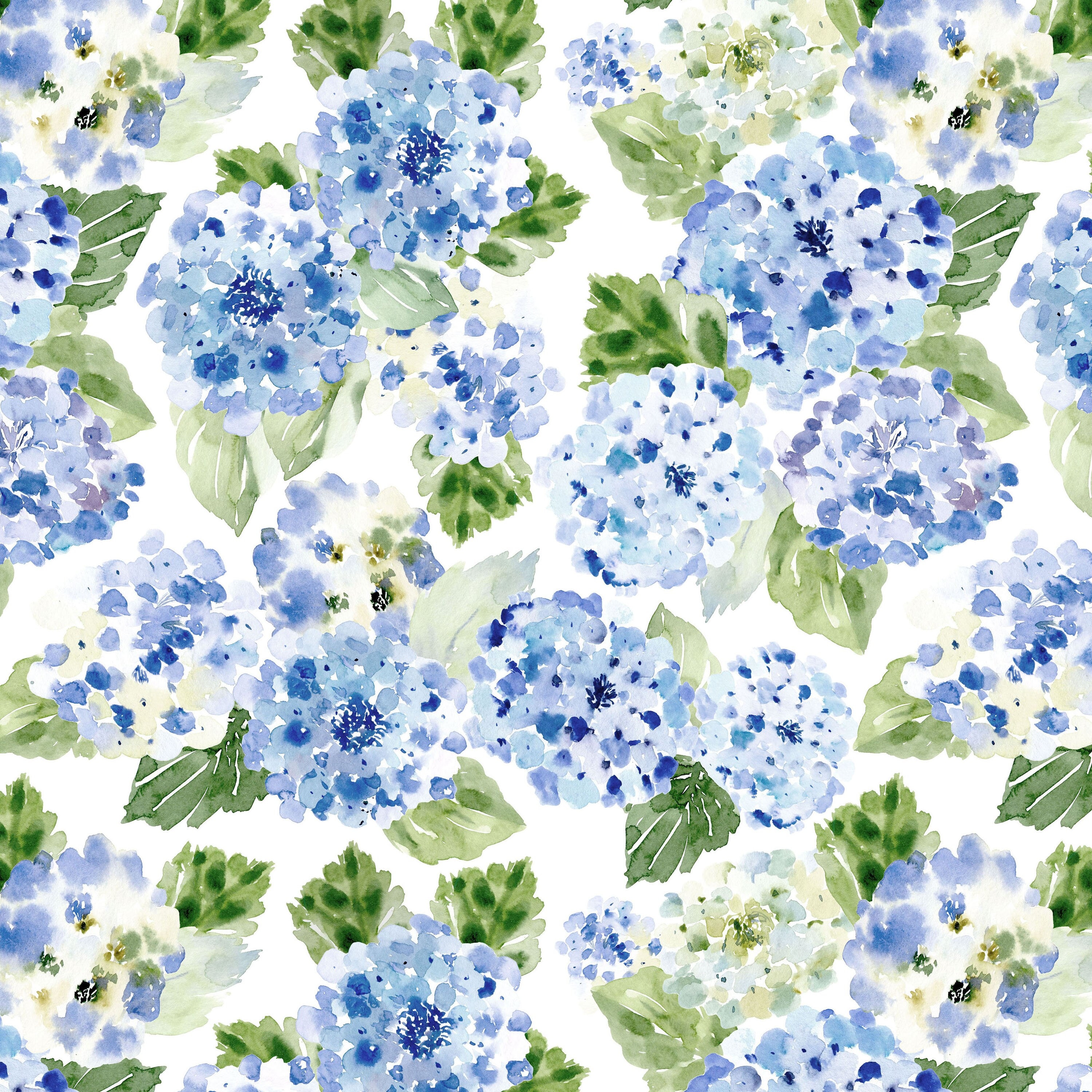 Blue Hydrangea Floral Fabric by the Yard. Quilting Cotton, Organic Knit, Jersey or Minky. Watercolor Florals, Botanical, Greenery, Spring