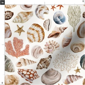 May include: Watercolor pattern featuring various seashells, starfish, and coral in shades of brown, beige, and blue on a white background. The design includes detailed illustrations of different shell shapes and textures, creating a coastal or nautical theme.
