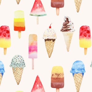 Watercolor Ice Cream and Popsicles Fabric by the Yard. Quilting Cotton, Organic Knit, Jersey or Minky. Summer, Beach, Ice Cream Fabric, Food