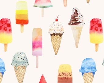 Watercolor Ice Cream and Popsicles Fabric by the Yard. Quilting Cotton, Organic Knit, Jersey or Minky. Summer, Beach, Ice Cream Fabric, Food