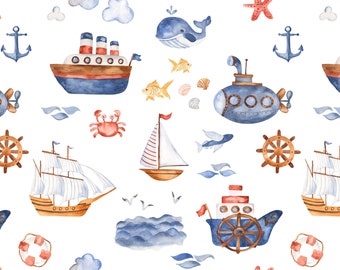 Ships Ahoy Fabric by the Yard. Beach, Summer Fabric, Ocean, Boats, Sailing, Baby Boy, Nautical, Crabs. Quilting Cotton, Knit, Jersey, Minky