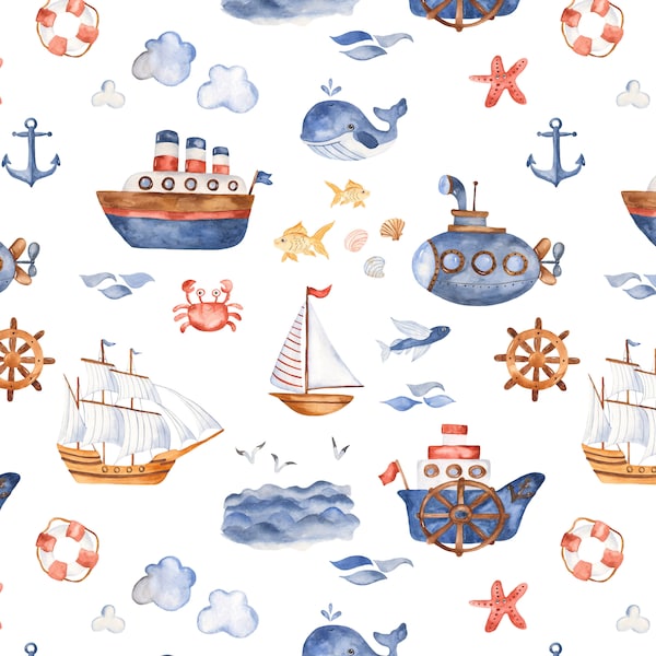 Ships Ahoy Fabric by the Yard. Beach, Summer Fabric, Ocean, Boats, Sailing, Baby Boy, Nautical, Crabs. Quilting Cotton, Knit, Jersey, Minky