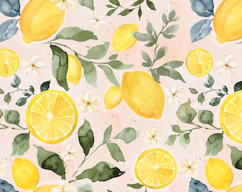 Summer Lemons Fabric by the Yard. Quilting Cotton, Organic Knit, Jersey or Minky. Watercolor Fruit and Florals, Pink, Blush, Lemon
