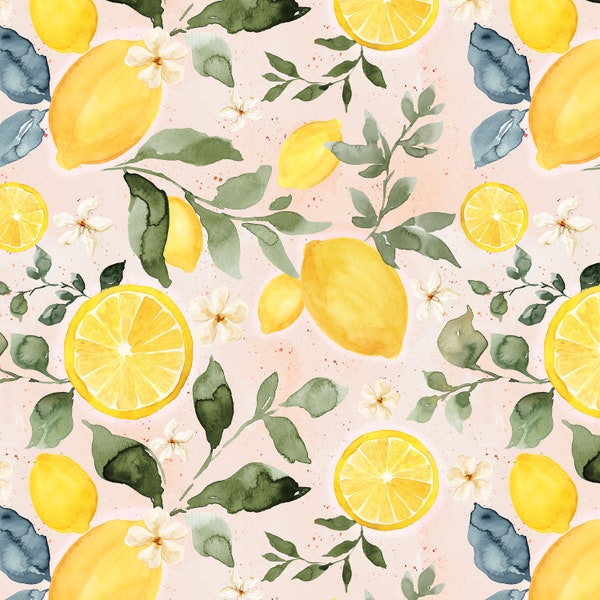 Summer Lemons Fabric by the Yard. Quilting Cotton, Organic Knit, Jersey or Minky. Watercolor Fruit and Florals, Pink, Blush, Lemon