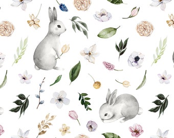 Spring Bunnies Fabric by the Yard. Quilting Cotton, Organic Knit, Jersey or Minky. Easter Fabric, Rabbit Fabric, Bunny Fabric, Baby, Kids