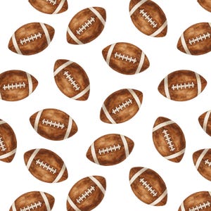 May include: A pattern of brown footballs with white laces and stripes on a white background. The footballs are arranged randomly, creating a repeating design. The image is suitable for sports-themed products.