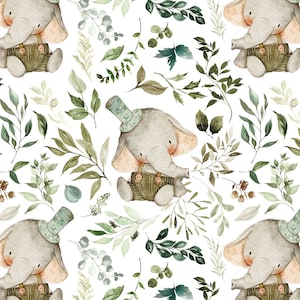 Baby Elephant and Leaves Fabric by the Yard. Quilting Cotton, Knit, Jersey, Minky. Watercolor Elephants, Nursery Fabric, Greenery, Botanical