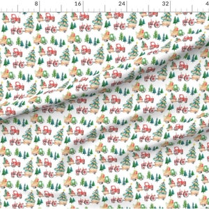 May include: Watercolor pattern featuring red and green tractors pulling trailers with Christmas trees and wrapped gifts. The design includes evergreen trees on a white background, creating a festive holiday theme.
