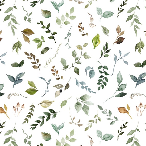 Woodland Leaves Fabric by the Yard. Forest, Tree, Botanical, Greenery, Gender Neutral Nursery. Quilting Cotton, Minky, Fleece