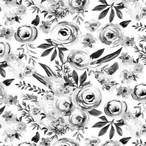 Black and White Floral Fabric - Watercolor Rose Florals - Quilting Cotton, Sateen, Poplin, Minky, Home Decor, Upholstery Fabric by the Yard